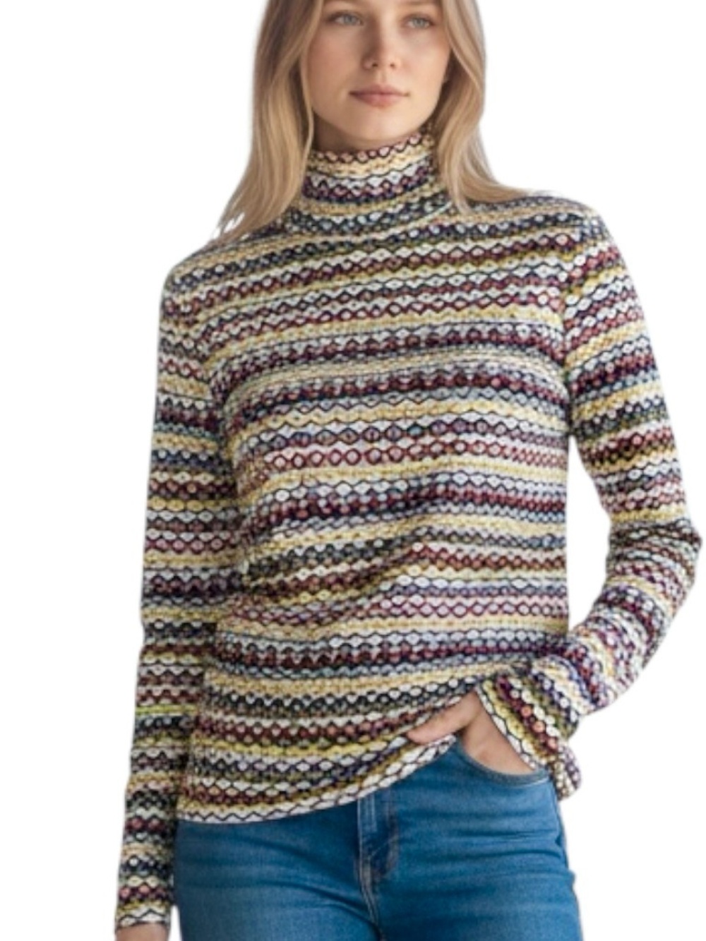 LOFT Multi-Color Striped Turtleneck — Cream, Yellow, Navy, Burgundy NWOT L